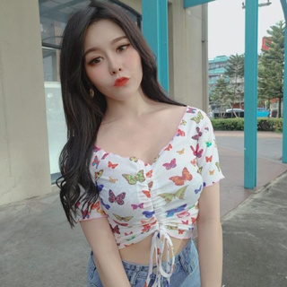 D147 เสื้อยืดแขนสั้นลายผีเสื้อผ้ายืดเยอะใส่สบาย
