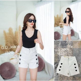 G.D.Jeans รุ่น 1520-1#กางเกงผ้ายืดสีขาวแฟชั่นขาสั้นทรงเอวสูงงานปักรูปหัวใจแบบน่ารัก