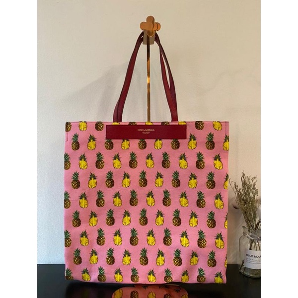DOLCE & GABBANA Pineapples Print Cotton Canvas Tote Bag -ชมพู/มัลติ