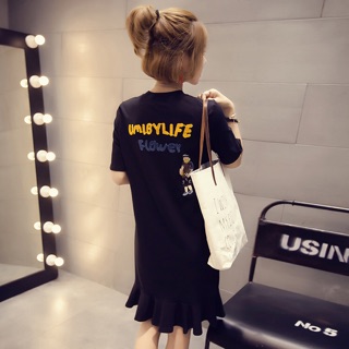 เดรสแฟชั่น คอกลม แขนสั้น ปลายระบาย ลาย UMIBYLIFE รหัสสินค้า MY9025