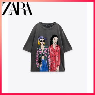 Zara เสื้อยืด พิมพ์ลาย แฟชั่นฤดูใบไม้ร่วง ฤดูหนาว สําหรับผู้หญิง