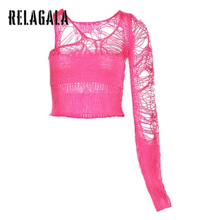 Relagala เสื้อยืดแขนยาว ผ้าถัก สีพื้น แฟชั่นสําหรับผู้หญิง