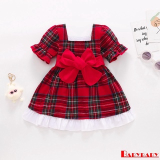 ♣CT❀Baby Girls Christmas Casual Square Neck Puff Sleeve Bowknot Plaid Dresses