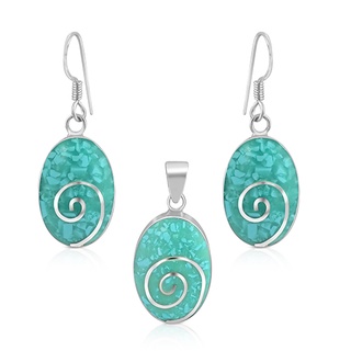 Silver thai  Spiral Design Turquoise Oval Pendant and Earrings Setจี้พร้อมต่างหูขายเป็นเซ็นวงรีสีเขียวรูปก้นหอย