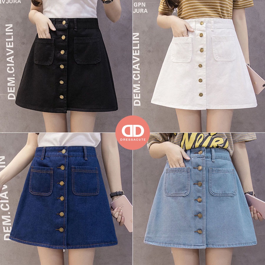 🎀พร้อมส่ง กระโปรงยีนส์เอวสูง ทรงเอ กระดุมหน้า 5581🎀