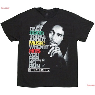 เสื้อยืดโอเวอร์ไซส์สบายๆ ภาษาญี่ปุ่น คู่ ตลก ผ้าฝ้ายแท้ Bob Marley - Good Music Hits Adult T-Shirt In Black คู่รัก เด็กผ