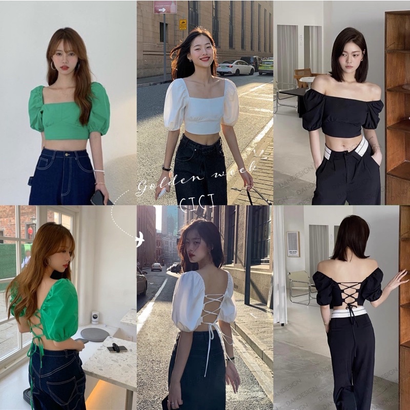 ส่งทันที Cici(NO. 2151)เสื้อครอปแขนตุ๊กตา คอเหลี่ยม ด้านหลังเซกซี่เบาๆผูกเชือกไขว้หลัง มัดได้ตามขนาดตัว ผ้าลื่นใส่สบาย