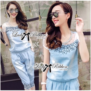 Lady Rebecca Embroidered and Crystal Embellished Denim Ensemble Set