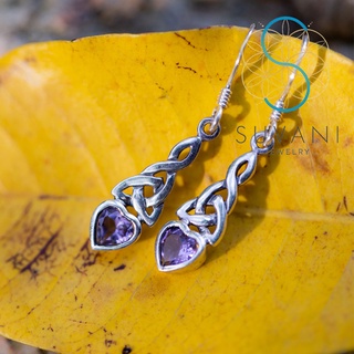 SUVANI เงินแท้ 92.5% ต่างหูหัวใจ ลายเซลติก ครอส ฝังด้วยหินอเมทิสต์ (Amethyst Stone) หินสีม่วง ต่างหูห้อย