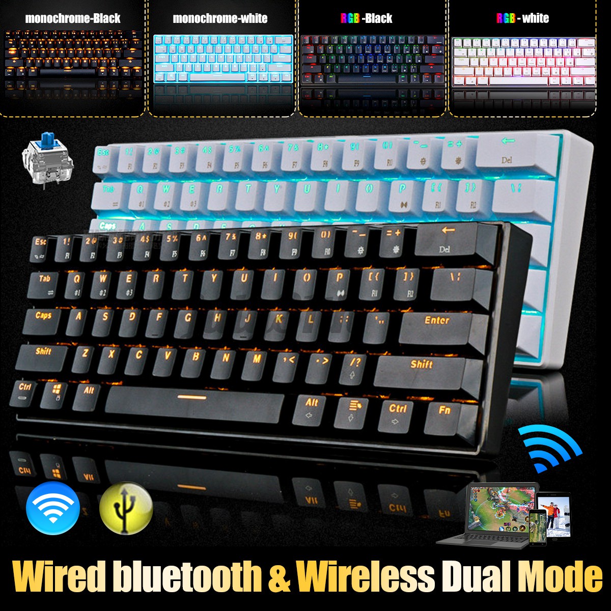 Rgb Monochrome คีย์บอร์ดบลูทูธไร้สาย Wired Dual - Mode 61 คีย์ ...