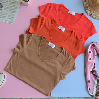 เสื้อยืดสีล้วน Cotton 100% เสื้อเกรดพรีเมี่ยม เสื้อผ้าแฟชั่นผู้หญิง เสื้อผู้หญิงคอ V  เสื้อยืดแขนสั้น เสื้อผ้าฝ้าย