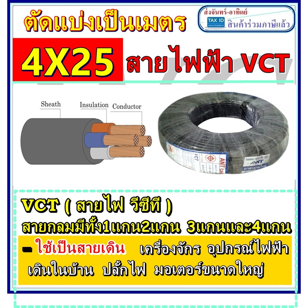 สายไฟดำ เบอร์ 25 ยี่ห้อฟูลเลอร์ VCT 4ไส้ 4x25 ทองแดง2แกน ต่อเมตร สินค้าร่วมภาษีแล้ว