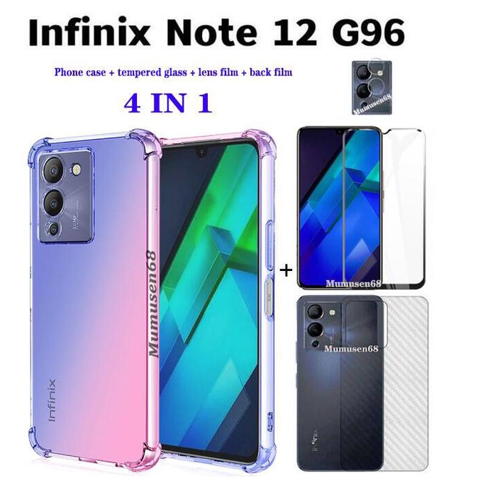 4 in 1 Infinix Note 12 G96 เคสโทรศัพท์ กันกระแทก ไล่โทนสี + กระจกนิรภัย คุณภาพสูง เต็มจอ + ฟิล์มเลนส์ + ฟิล์มหลัง คาร์บอนไฟเบอร์