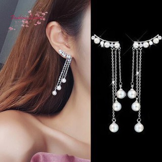 Women Silver Long Drop Earrings with Faux Pearl Pendant Dangle Earrings
