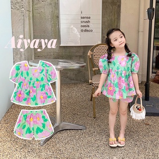 Aiyaya ชุดเสื้อผ้าเด็กผู้หญิง เสื้อตุ๊กตาดอกไม้+กางเกงขาสั้น ชุดเซต 2 ชิ้น（230）