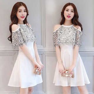 ส่งฟรี ชุดเดรสราตรี ใส่ออกงาน ชุดเดรสสไตล์เกาหลี QUILLA Off-Shoulder Strap Korean Classic Dress พร้อมส่ง