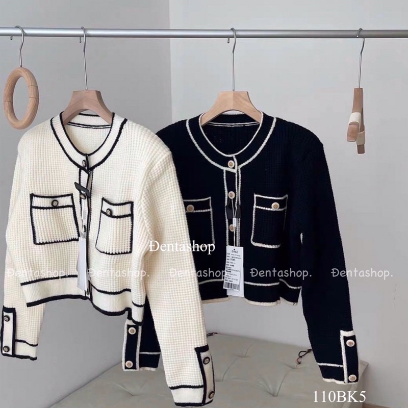 Drm คาร์ดิแกนผ้าวูลคอกลม คอ แขน และชาย - 110Bk5- Denta Shop