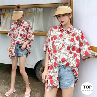 🔥พร้อมส่งไทย ราคาถูก🔥เสื้อเชิ้ตกระเป๋าหน้า แขนสั้นลายดอกไม้สีแดง ผ้าชีฟองผสม ใส่สบาย แฟชั่น