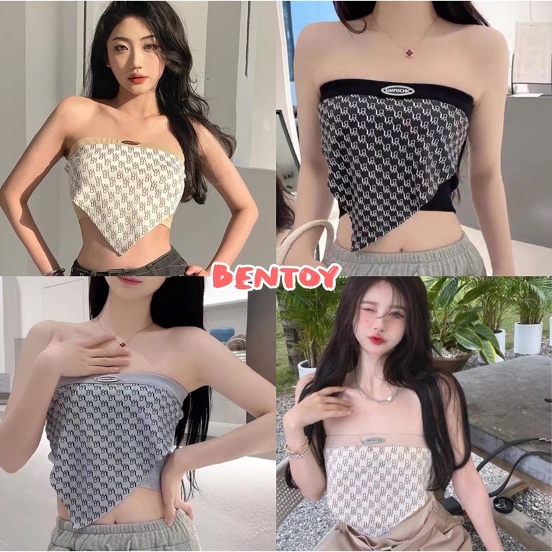 Bentoy(6098)เสื้อเกาะอกไหมพรม ดีเทลลายอังกฤษ ทรงสามเหลี่ยม ดูแพง