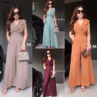 ME9806 Jumpsuit จั้มสูทแขนกุด คอปกสูท ผ้าโฟร์เวย์สีพื้น ทรงขากระบอกกว้าง ใส่สะดวก มีซิปหลัง พร้อมส่ง