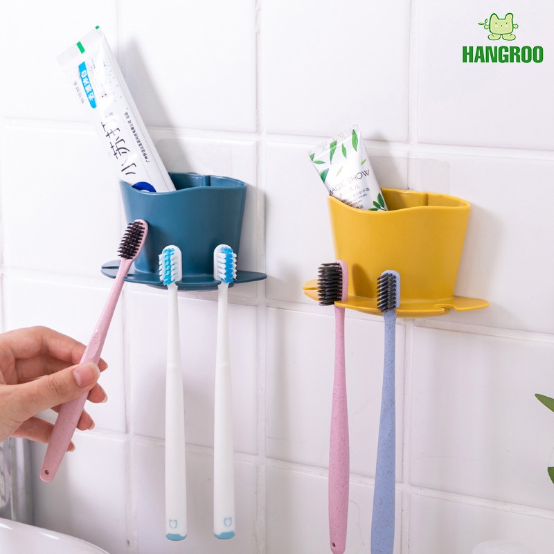 HANGROO H587 ที่เก็บแปรงสีฟัน ยาสีฟัน แบบติดผนัง แขวนแปรงได้ 4 อัน พร้อม 1ช่องใส่ของ