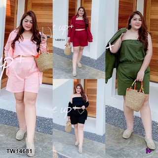 TwinsShopVip💗พร้อมส่ง TW14681 Set 3 ชิ้น #BigSize เสื้อคลุม+เกาะอก+กางเกงขาสั้น