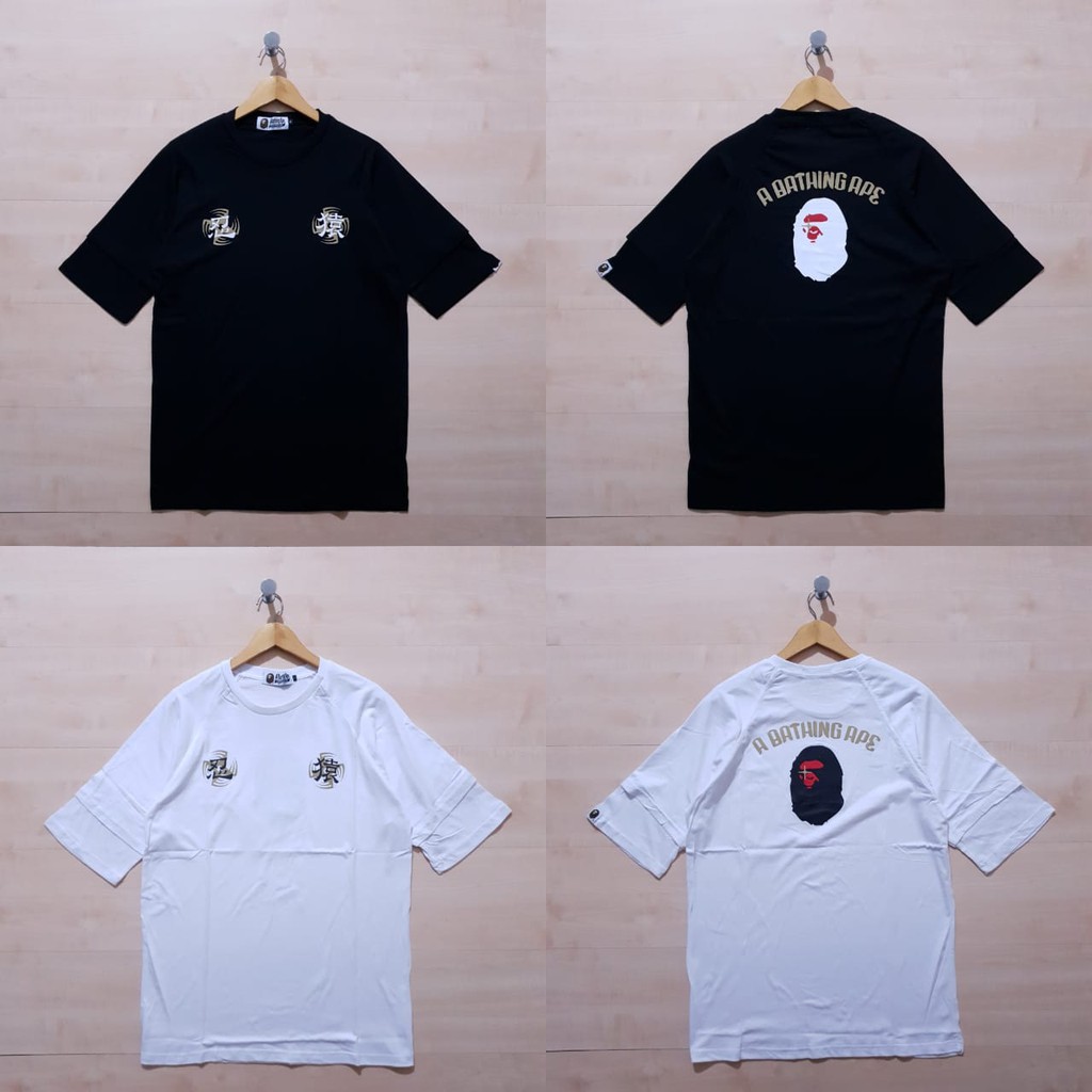 Raglan BAPE A BATHING APE JAPAN TEE สีดําและสีขาว
