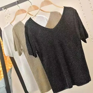 เสื้อไหมพรมแขนสั้นวิ้งเสื้อใหมพรมคอวีผ้าทอผสมกลิตเตอร์ตัว