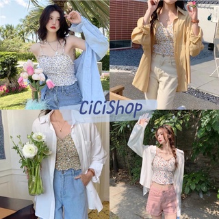 Cicishop(8008)เซต2ชิ้น สายเดี่ยวดอกไม้ม(ฟองน้ำในตัว)+เสื้อคลุม คิ้วท์ๆใส่แมตช์ต้อนรับซัมเมอร์