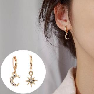 Korean Style Fashion Classic Geometric for Women Asymmetric Star and Moon Earring/ Crystal Star Moon Design Jewelry Earrings