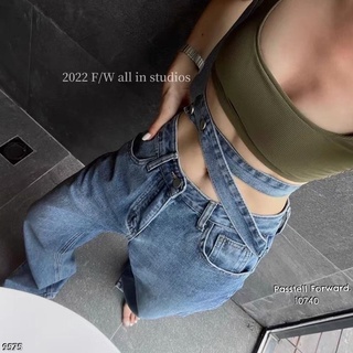 🇰🇷New🇰🇷  Korea belt denim jeans  กางเกงยีนขากระบอกผ่าข้าง ทรงเอวสูงเย็บติดสายเข็มขัด