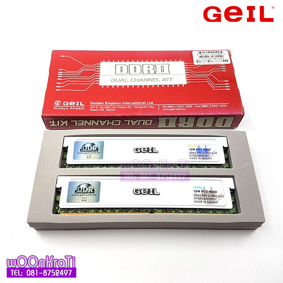 GEIL GX22GB4300DC 2GB (1GBx2) PC2-4300 DDR2-533 C4 VALUE DUAL CHANNEL 240 pin, Non-ECC, Un-buffered 