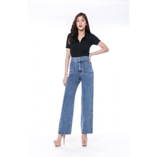 WOW Jeans: กางเกงยีนส์ขากระบอกเอวสูง Vintage Style แต่งขอบเอว&amp;กระเป๋าสุดเท่ห์ ทรงสวยใส่สูงเพรียว มีไซส์ S25 M27 L29 XL31