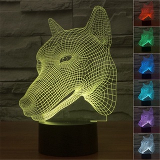 โคมไฟตั้งโต๊ะ LED รูปสุนัขหมาป่า 3D ไล่โทนสี 7 สี ชาร์จ USB