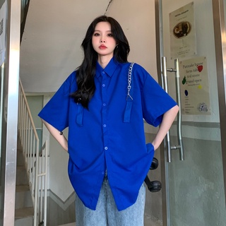 Suxi เสื้อเชิ้ตแขนสั้นลําลอง คอปก ทรงหลวม สีฟ้า แบบเรียบง่าย แฟชั่นฤดูร้อน สําหรับผู้ชาย และผู้หญิง