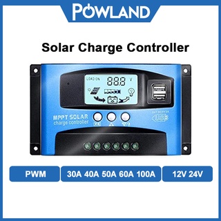 Powland 30A/40A/50A/60A/100A โซล่าชาร์จเจอร์ Solar Charger MPPT 12V 24V อัตโนมัติ จอแสดงผล LCD แบบ USB คู่