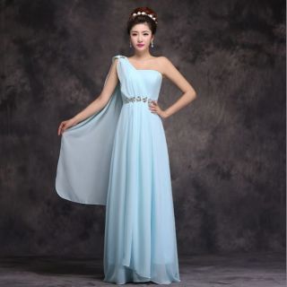 พร้อมส่ง ชุดเดรสยาว ไหล่เดียว สีฟ้า จับเดรปช่วงอก แบบเก๋ คาดแต่งคริสตัลที่เอวสวยงาม