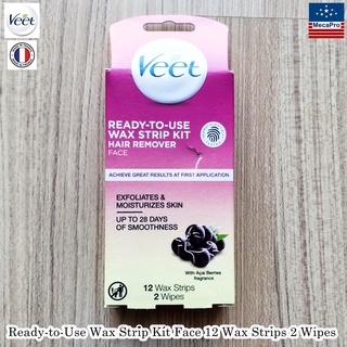 Veet® Ready-to-Use Wax Strip Kit Face 12 Wax Strips 2 Wipes วีท แผ่นแว็กซ์กำจัดขนบนใบหน้า