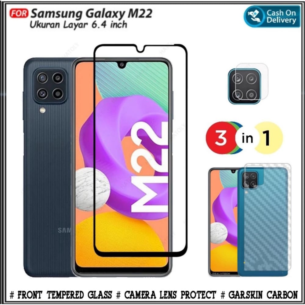 3IN1 กระจกนิรภัย Samsung M22 F22 4G ฟรีกล้องกันรอยขีดข่วนและ Graskin
