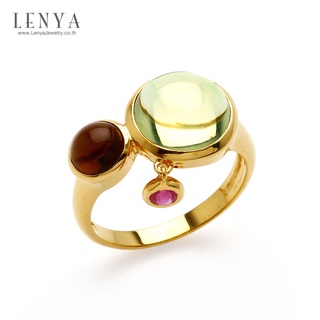 Lenya Jewelry แหวนเลมอนควอตซ์ เจียระไนหลังเบี้ย ประดับสโมคกี้ควอตซ์และทับทิม ตัวเรือนเงินแท้ ชุบทอง 18k