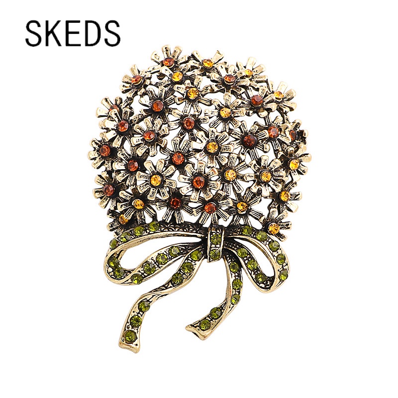 Skeds เข็มกลัดช่อดอกไม้ ประดับโบว์ พลอยเทียม สไตล์วินเทจ คลาสสิก เรโทร เครื่องประดับ สําหรับผู้หญิง