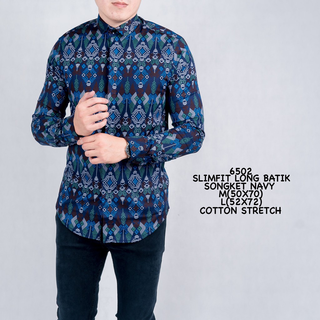 KEMEJA Zen 6502 Slimfit Long Batik Songket Navy M,L Batik Shirt