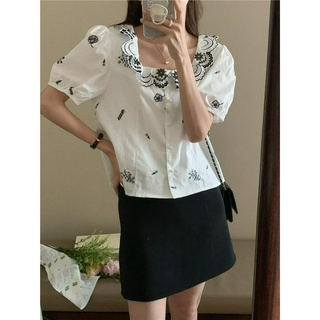 53508 เสื้อเชิ้ตแขนสั้น ปักลาย สไตล์เกาหลี