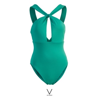 V ACTIVEWEAR SS2022 DRAPE FRONT GREEN SWIMMING SUIT ชุดว่ายน้ำจับเดรปด้านหน้า มีฟองน้ำในตัวผ้าหนา กัน UV UPF 50+