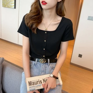 Korean version of the new lady retro French T-shirt square collar short sleeves