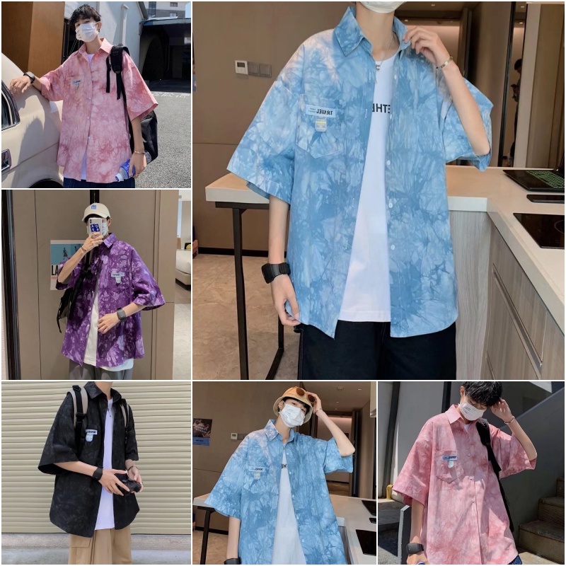 COD แฟชั่นเสื้อเชิ้ตแขนสั้นผู้ชาย ลำลอง ทรงหลวม ลายดอกไม้ มัดย้อม เสื้อคอปก ฤดูร้อนกระเป๋าเสื้อ ใส่สบาย ขายดี สไตล์เกาหลี Size: M-3XL