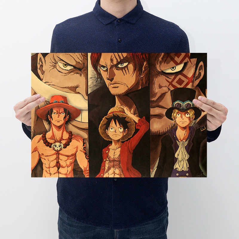 การ์ตูน One Piece อะนิเมะโปสเตอร์ Luffy Ace ตัวอักษร Wall Art ภาพวาดตกแต่งบ้าน Retro กระดาษคราฟท์สติ๊กเกอร์ติดผนัง