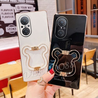 เคสโทรศัพท์ Huawei Nova 9 SE 8i 8 P50 Pro Honor X9 X8 50 Lite 4G 5G Phone Case Electroplated Shell Solid Color Casing with Cute Bears Stand Holder Black Cover เคส Nova9 9SE Nova9SE HonorX9