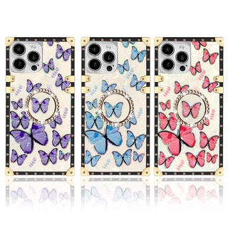 For OPPO A53 A78 A76 A96 A16K A17 A17K Reno 4 5 6 7 7Z 8Z 8 8T Realme 9 9i Pro C35 C33 Fashion Shell Butterfly Square Phone Case With Ring Bracket