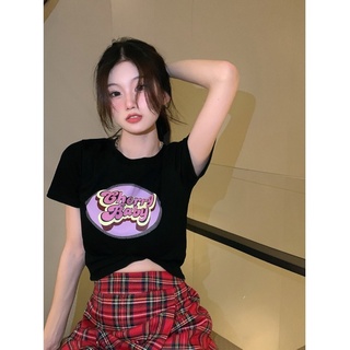 DAILY LOOK 🎈✨️ เสื้อยืดลาย Cherry baby CROP TOP free size สีดำ ผ้าเรย่อน ใส่แล้วเย็นสบาย แนะนำค่า❤️‍🔥